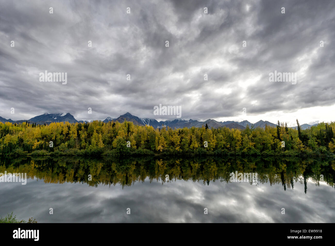 Aspen Forest reflecting off an interior Alaska Lake - with dramatic clouds in the background from an approaching storm Stock Photo
