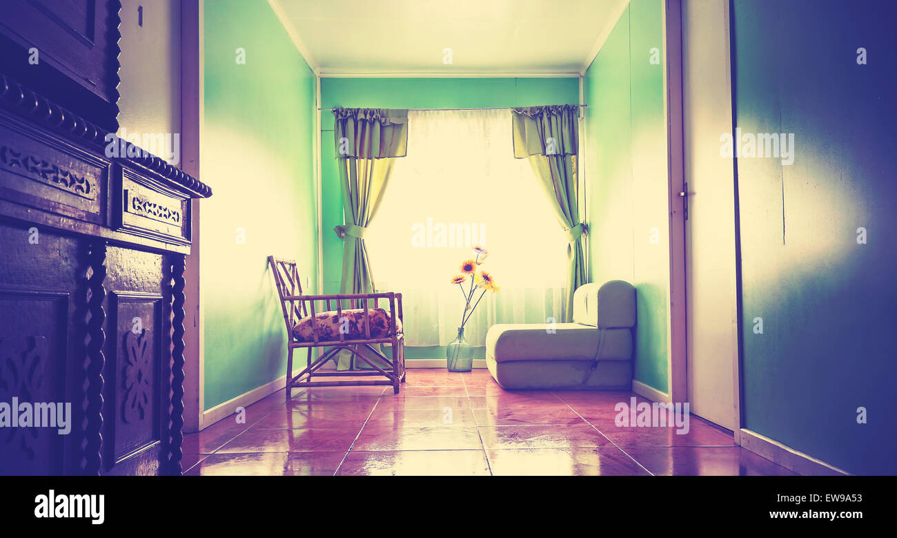 Vintage instagram stylized photo of a chat room with two empty seats and window, concept picture. Stock Photo