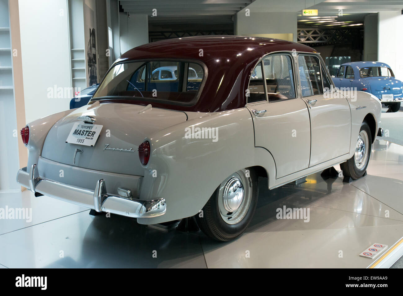 The 1955 Toyopet Master RR, displayed at the Toyota Automobile Museum, is a landmark in post-war Japanese automotive engineering. It was Toyota's first attempt at mass production and is notable for its unique rear-engine design and compact frame. Stock Photo