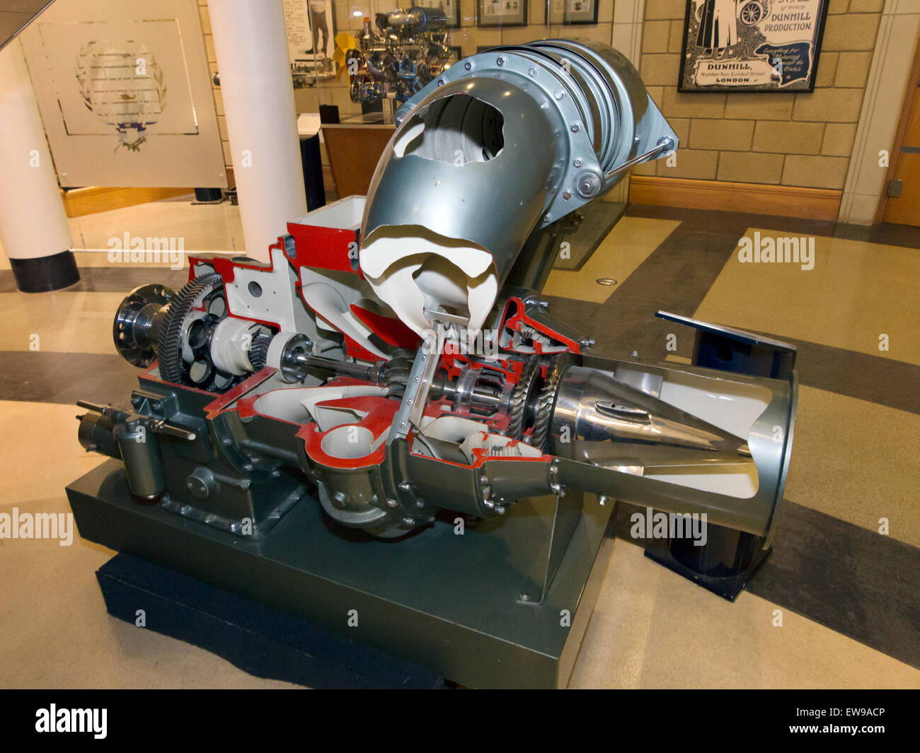 This cutaway illustration of the Austin gas turbine engine offers a detailed look at the inner workings of a pioneering automotive engine. It is part of the collection at the Heritage Motor Centre in Gaydon, showcasing early innovations in automotive technology. Stock Photo