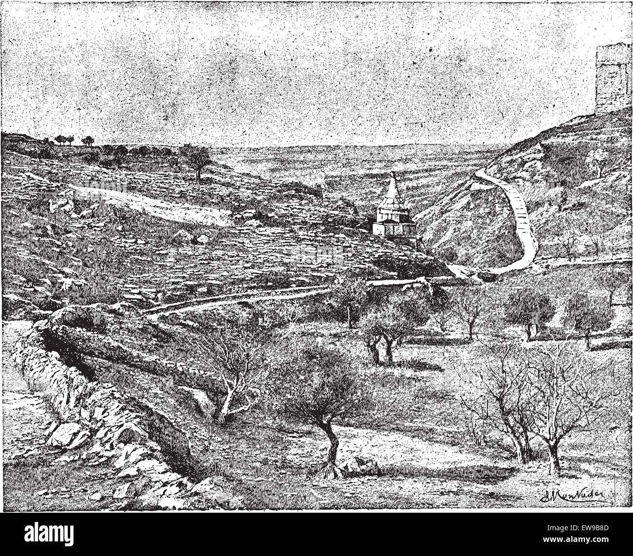 Valley of Jehoshaphat or Valley of Josaphat, vintage engraved illustration. Dictionary of words and things - Larive and Fleury - Stock Vector
