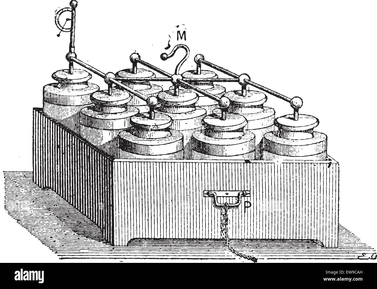 https://c8.alamy.com/comp/EW9CAH/electric-battery-made-up-of-leyden-jars-vintage-engraved-illustration-EW9CAH.jpg