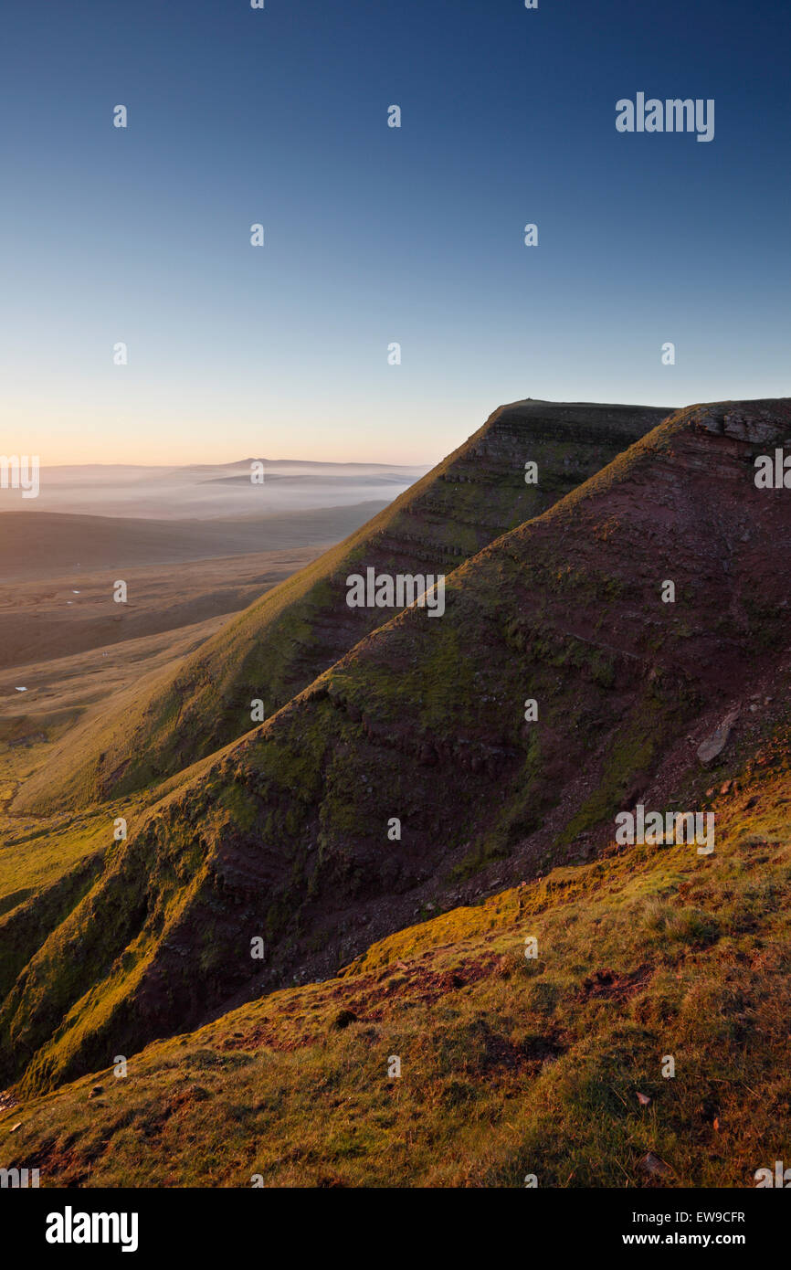 North East escarpment of Fan Foel. The Black Mountain. Brecon Beacons National Park. Powys. Wales. UK. Pen y Fan and Corn Du on Stock Photo