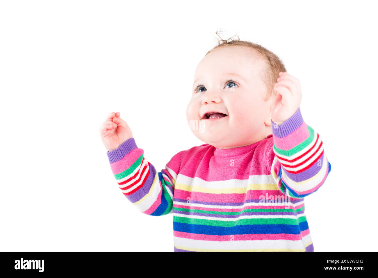 Sweet baby girl in a pink striped dress, isolated on white Stock Photo ...