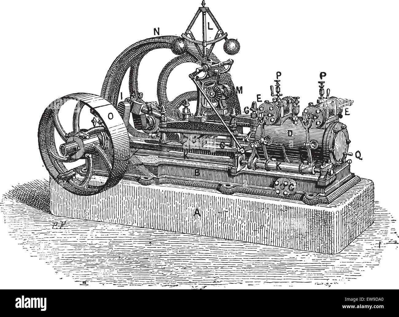 Horizontal Steam Engine, vintage engraved illustration. Dictionary of Words and Things - Larive and Fleury - 1895 Stock Vector