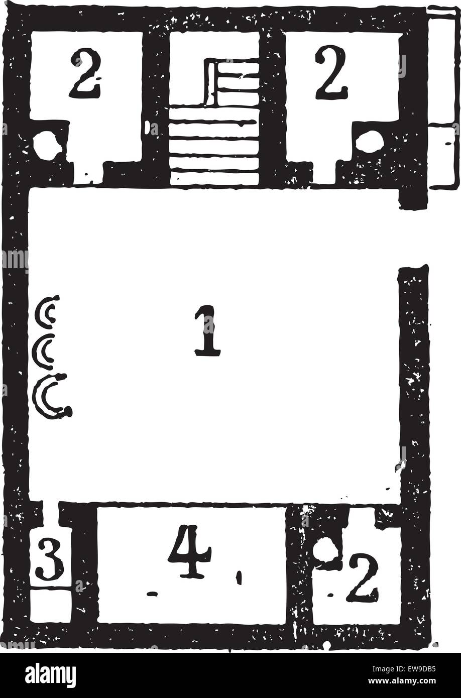 floor plan of an egyptian house, showing 1 courtyard, 2
