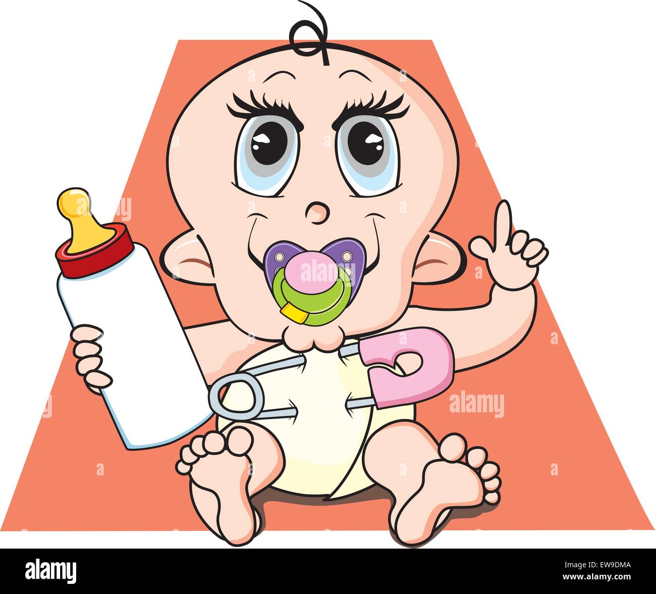 Baby, in Cloth Diaper with Safety Pin, with Pacifier and Milk Bottle, Sitting on a Mat, vector illustration Stock Vector