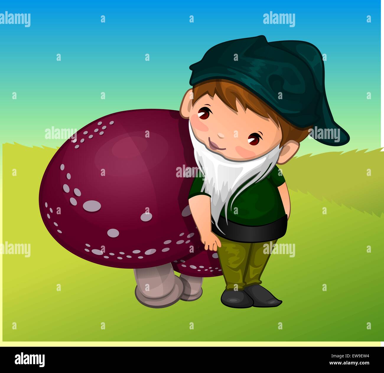 Gnome, Leaning on a Mushroom, vector illustration Stock Vector