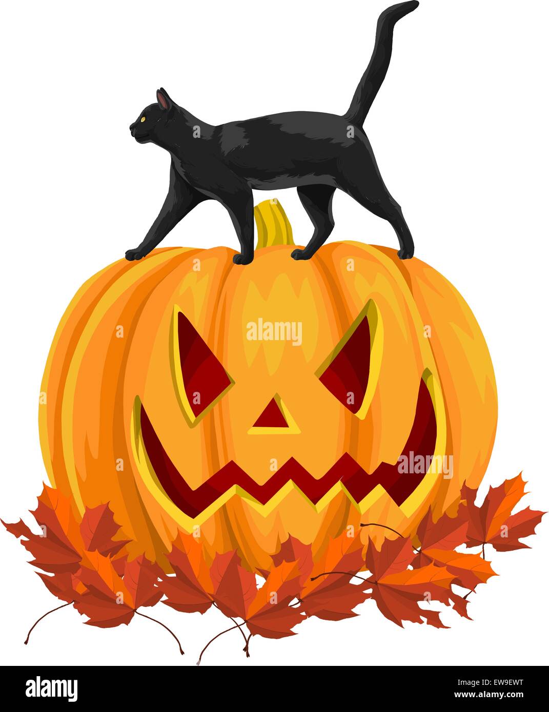 Vector illustration of halloween cat on pumpkin with autumn leaves ...