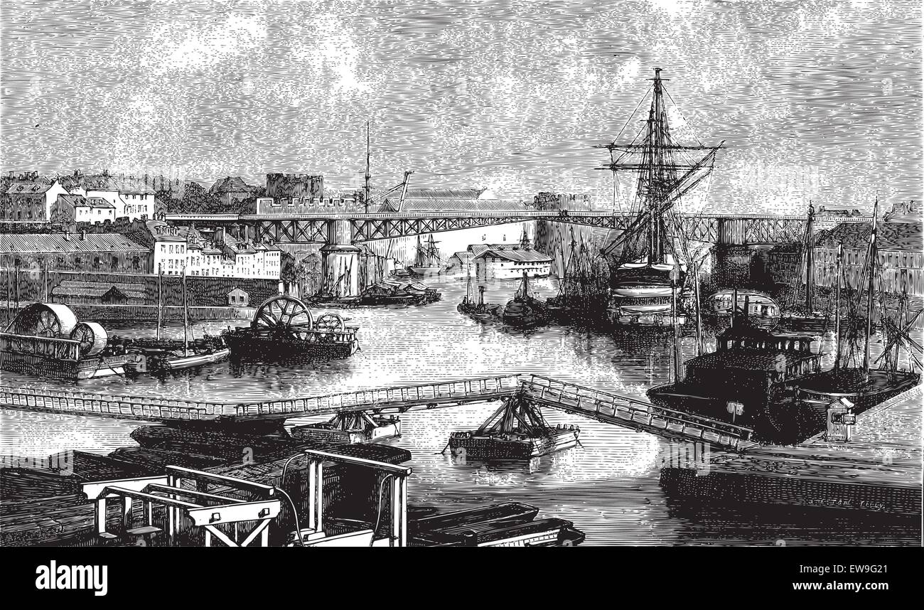 General view of the port of Brest. - Drawing Ph. Blanchard, vintage engraved illustration. Magasin Pittoresque 1874 Stock Vector