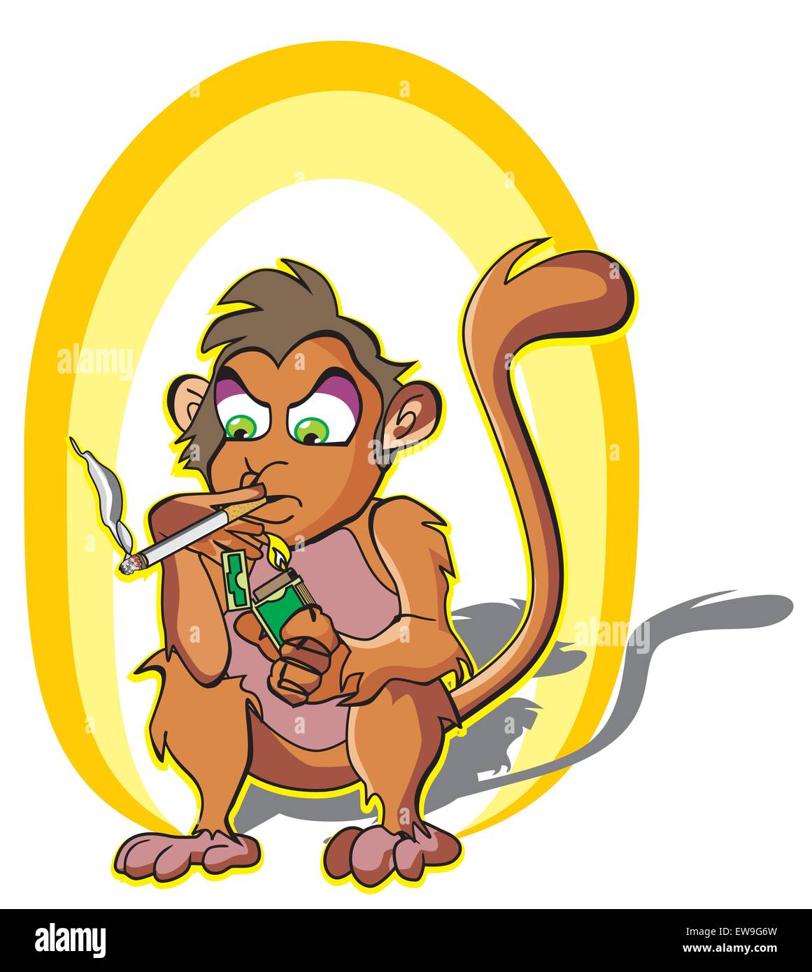 Monkey smoking, holding a lighter and cigarette stick, vector illustration Stock Vector