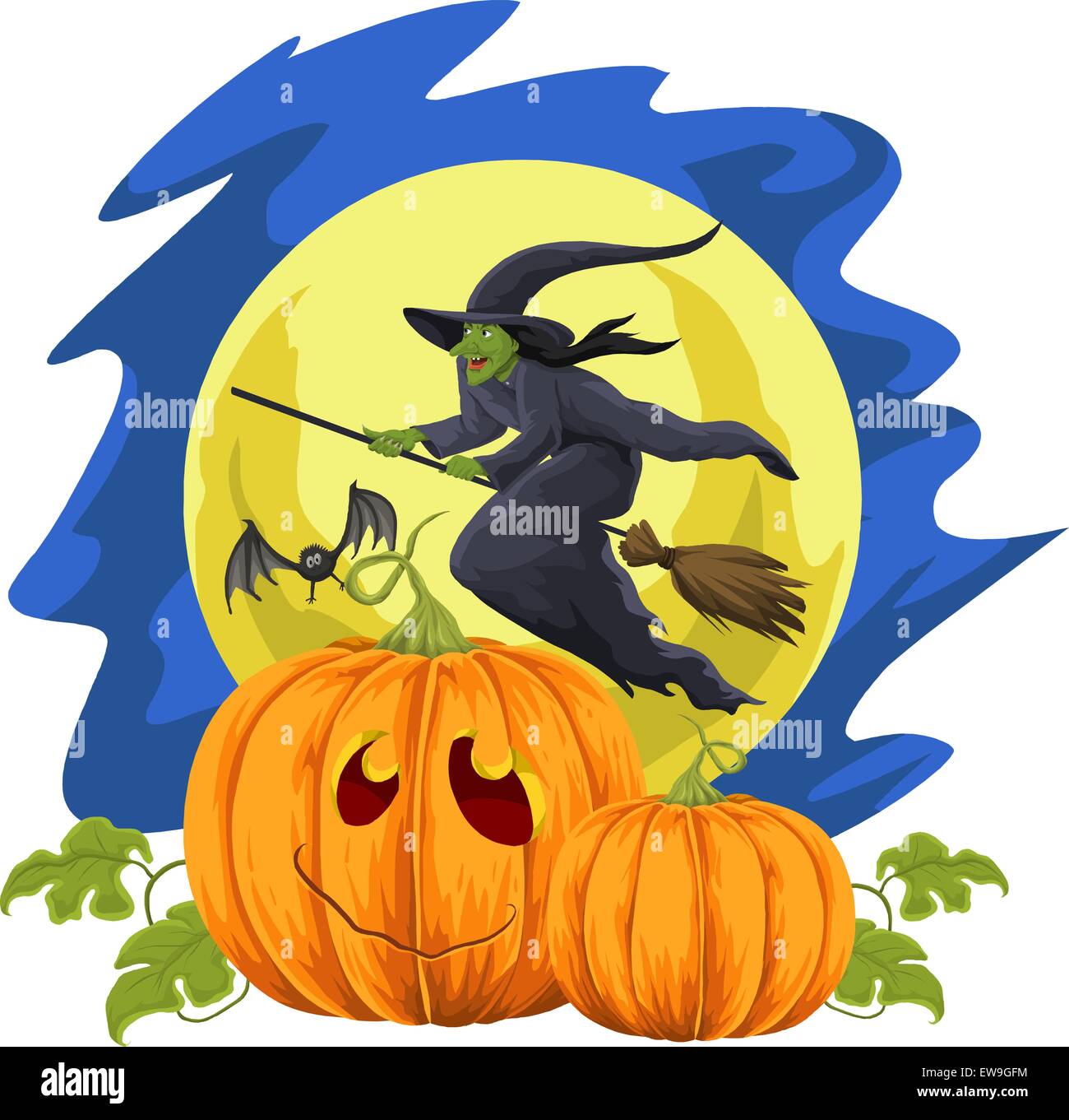 Vector illustration of halloween pumpkins and flying witch in front of moon  Stock Vector Image \u0026 Art - Alamy, image size:1300x1361