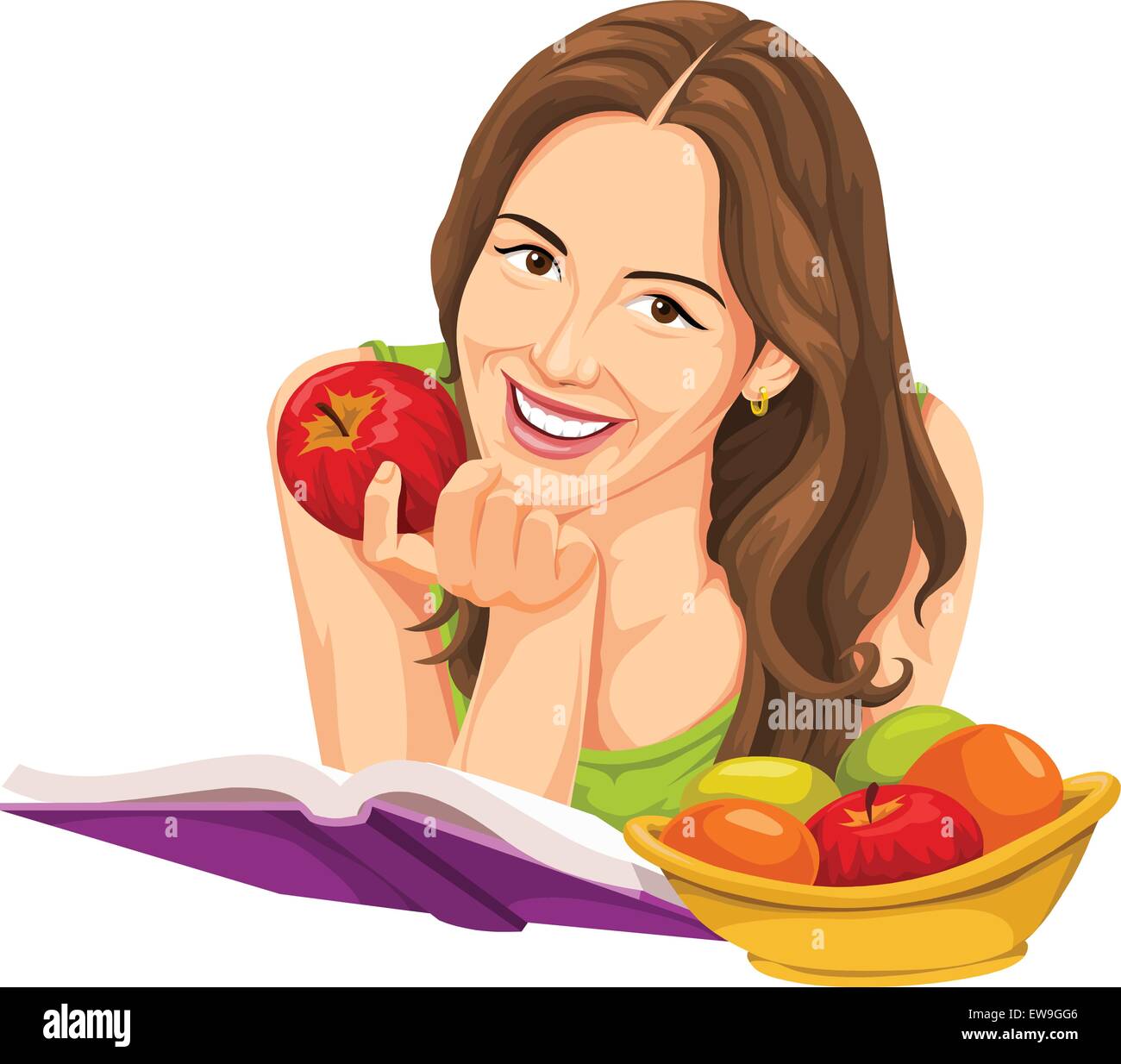 Vector illustration of happy young woman with apple, reading a book. Stock Vector