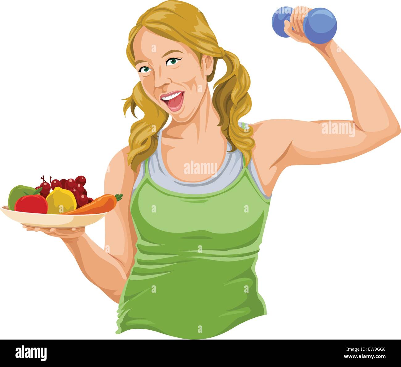 Vector illustration of fit young woman posing with dumbbell and fruit plate. Stock Vector