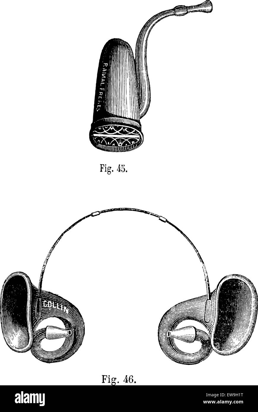 Fig. 45. Cornet English Fig 46. Conques acoustic, vintage engraved illustration. Magasin Pittoresque 1875. Stock Vector