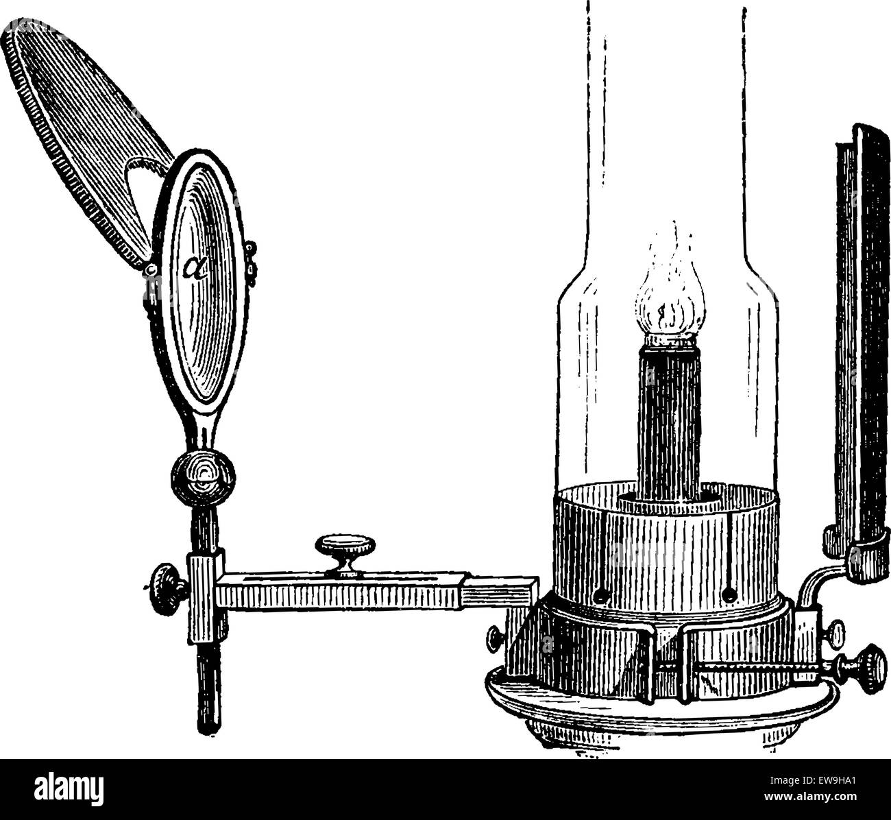 Portable Laryngoscope, illuminated by direct light from a gas lamp, vintage engraved illustration. Usual Medicine Dictionary by  Stock Vector
