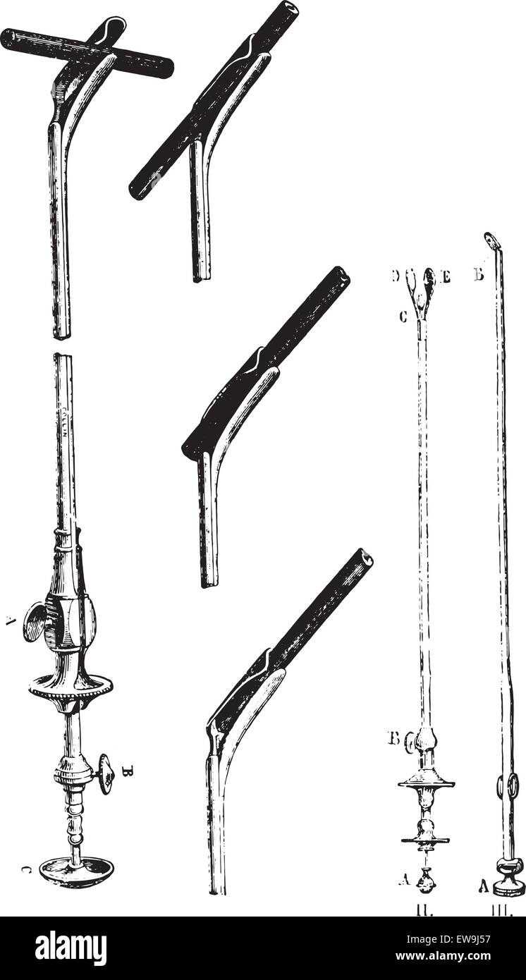 Various instruments to extract the foreign body in the urethra, vintage engraved illustration. Usual Medicine Dictionary by Dr L Stock Vector