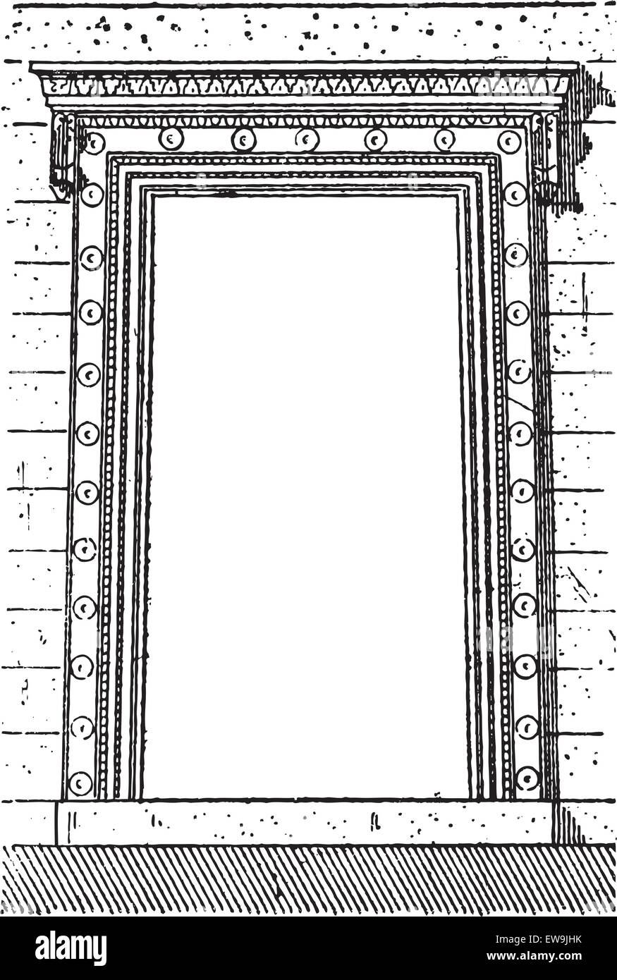 Old engraved illustration of the gate at Erechtheion in Athens, Greece. Dictionary of words and things - Larive and Fleury ? 189 Stock Vector