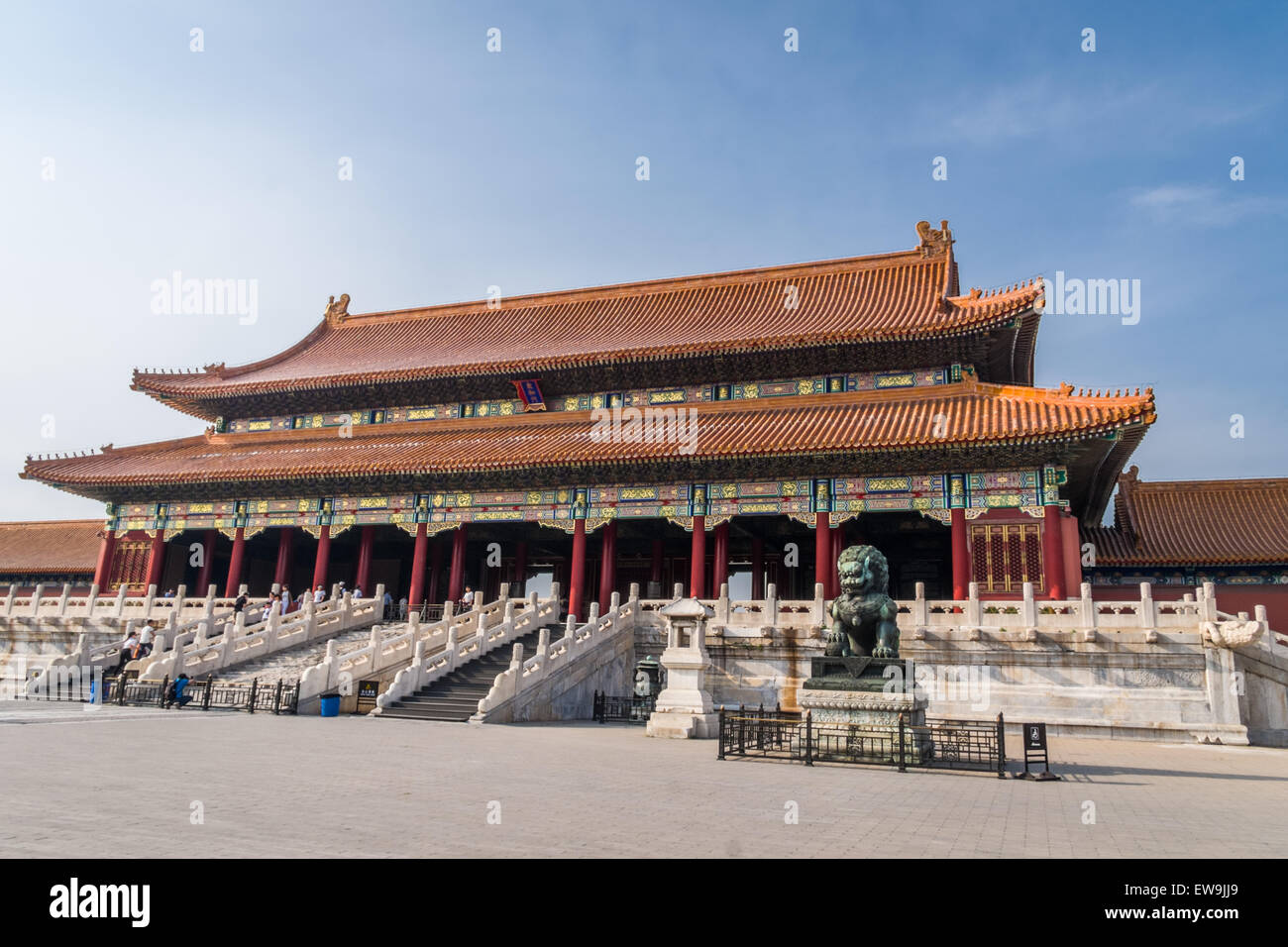 Forbidden City Gate of Supreme Harmony with Guardian Lion, Beijing, China Stock Photo