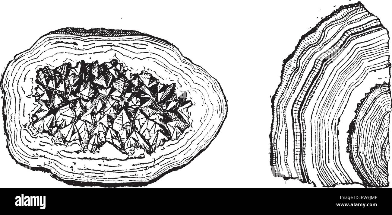 Old engraved illustration of Quartz Geode and Agate isolated on a white background. Dictionary of words and things - Larive and  Stock Vector