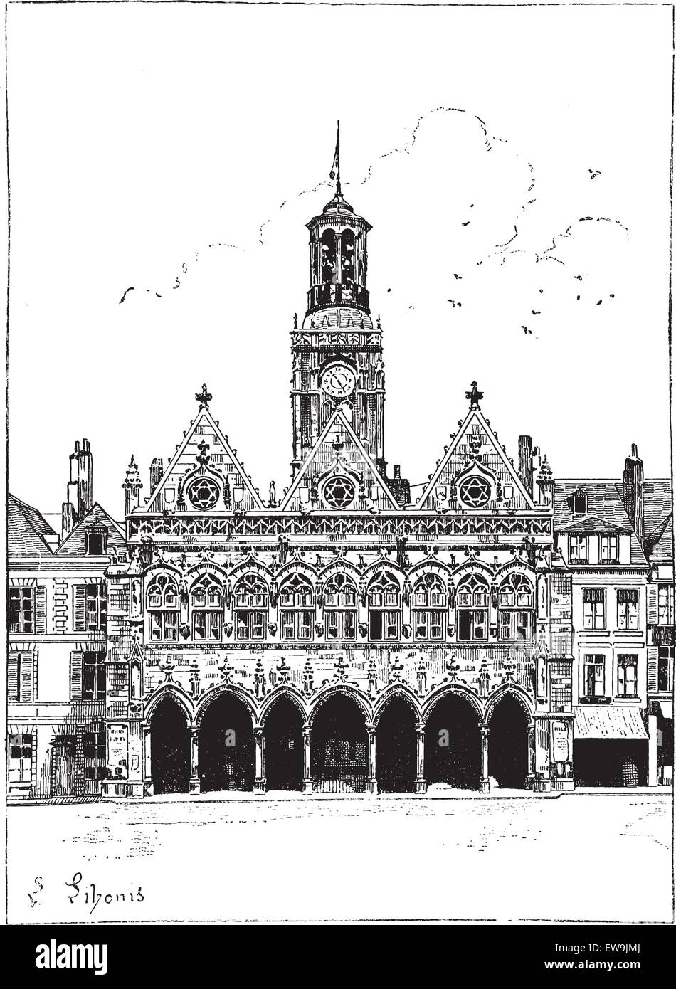Old engraved illustration of the town hall of Saint-Quentin in France. Dictionary of words and things - Larive and Fleury ? 1895 Stock Vector