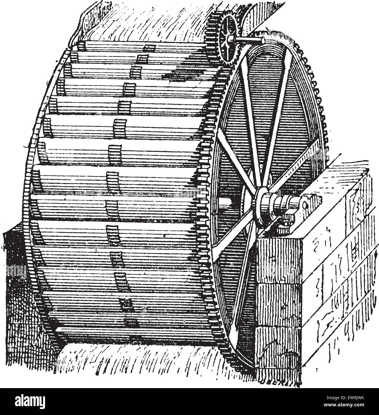 Waterwheel bucket, vintage engraved illustration. Dictionary of words