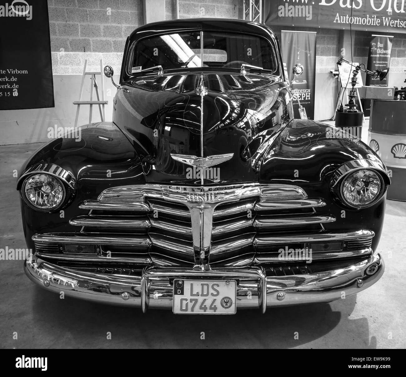 PAAREN IM GLIEN, GERMANY - MAY 23, 2015: Vintage car Chevrolet Fleetmaster. Black and white. The oldtimer show in MAFZ. Stock Photo