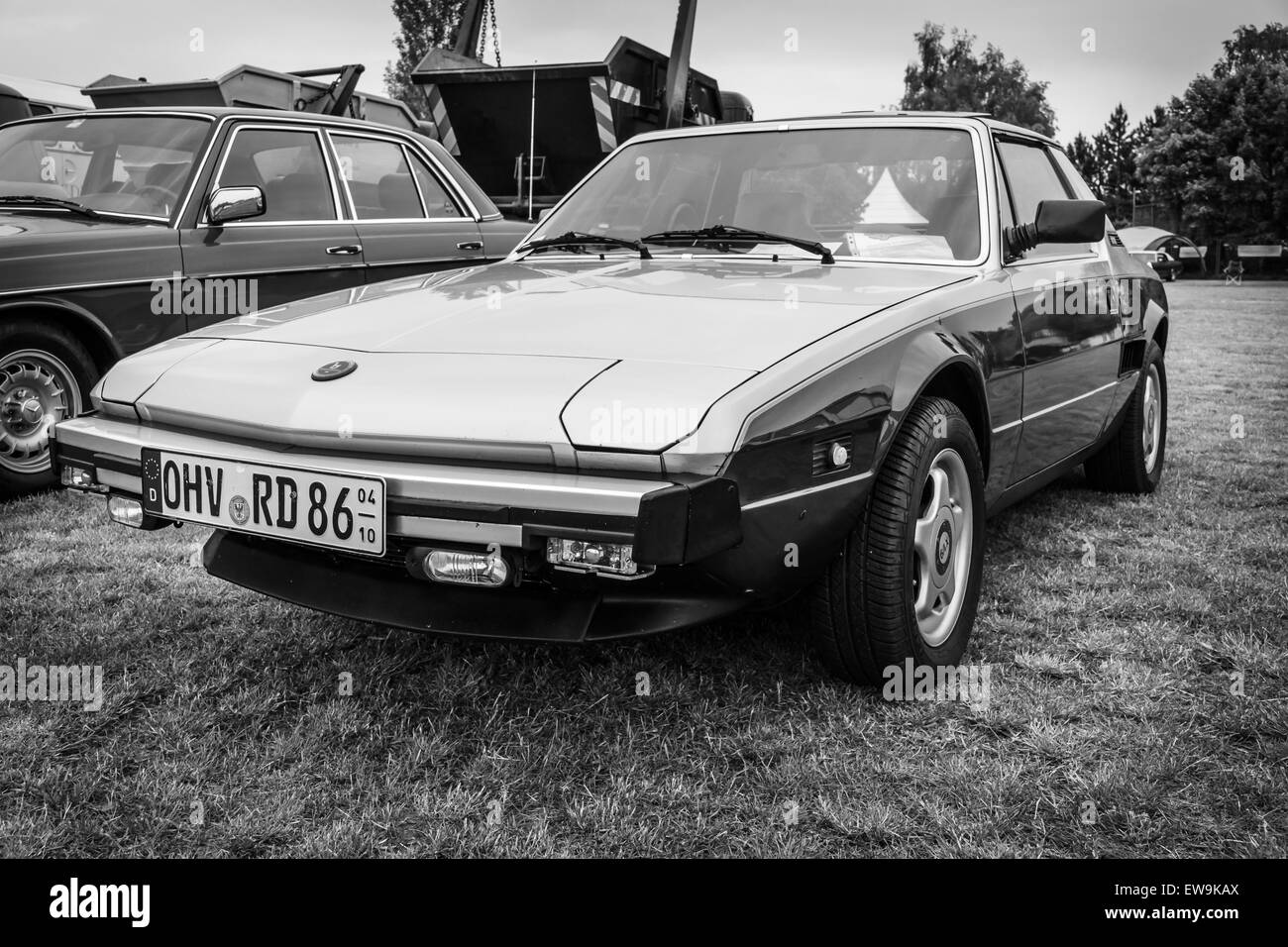 PAAREN IM GLIEN, GERMANY - MAY 23, 2015: Sports car Bertone X1/9 (Fiat X1/9), 1984. Black and white. The oldtimer show in MAFZ. Stock Photo