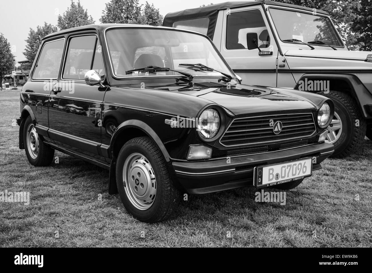 PAAREN IM GLIEN, GERMANY - MAY 23, 2015: Supermini Autobianchi A112, 1978. Black and white. The oldtimer show in MAFZ. Stock Photo