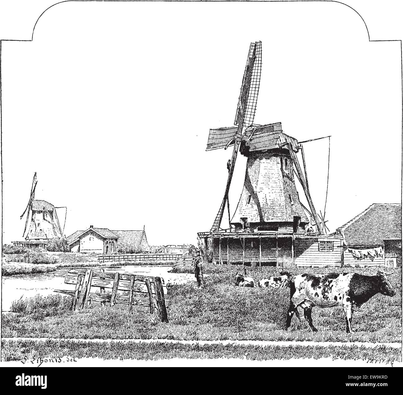 Mills, Zaandam (Holland), vintage engraved illustration. Dictionary of words and things - Larive and Fleury - 1895. Stock Vector
