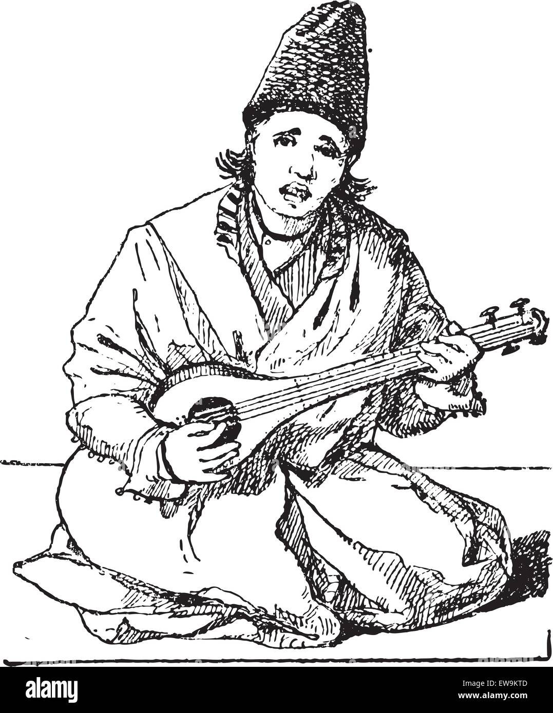 Old engraved illustration of a man playing Tar (lute). Dictionary of words and things - Larive and Fleury Stock Vector