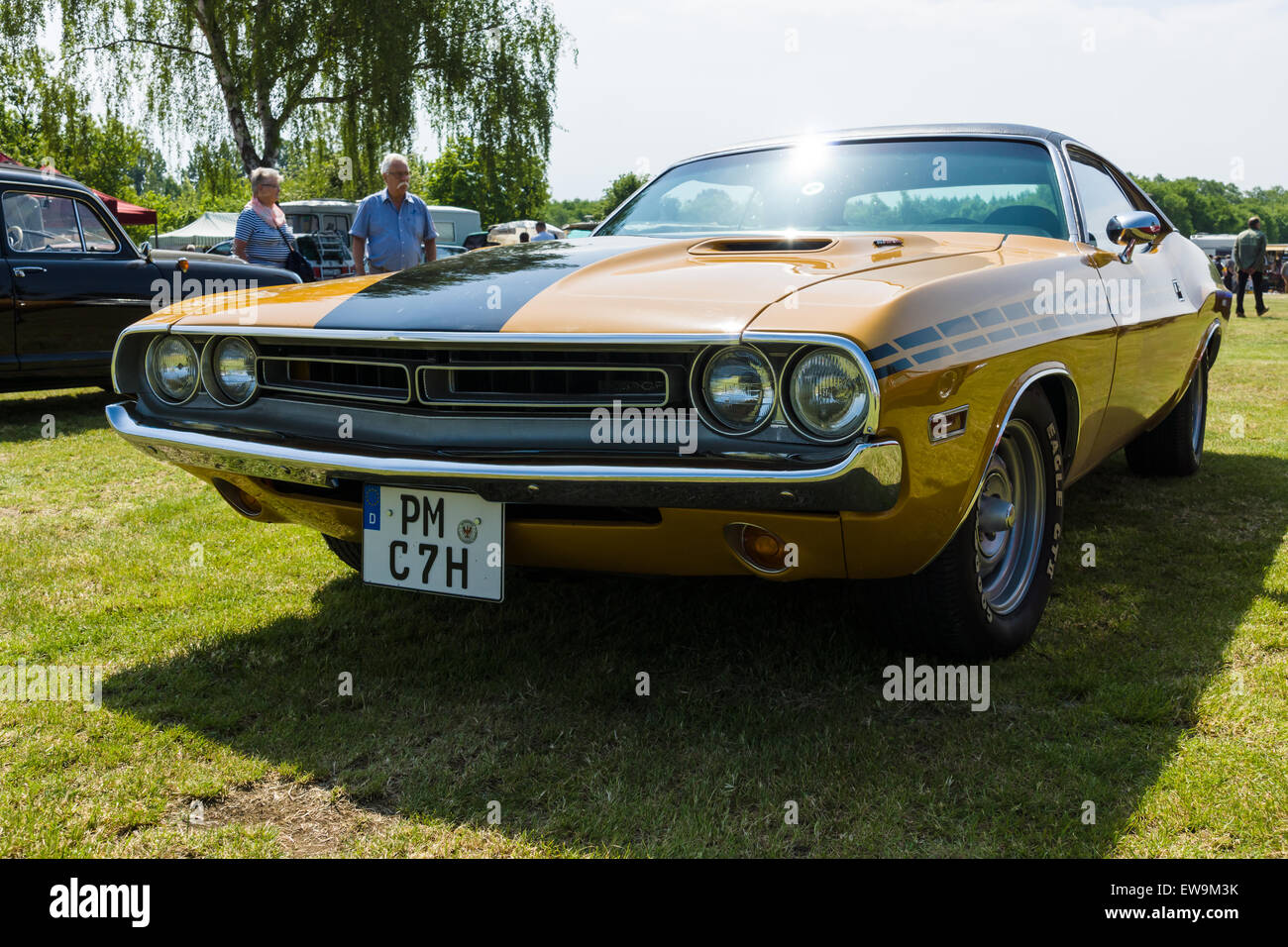 PAAREN IM GLIEN, GERMANY - MAY 23, 2015: Mid-size pony car Dodge Challenger, 1974. The oldtimer show in MAFZ. Stock Photo