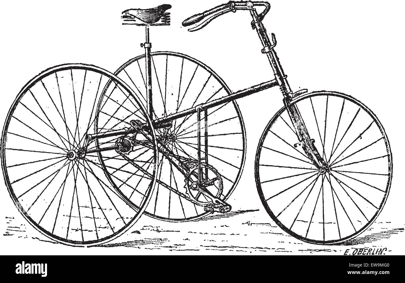 Velocipede, tricycle, vintage engraved illustration. Dictionary of