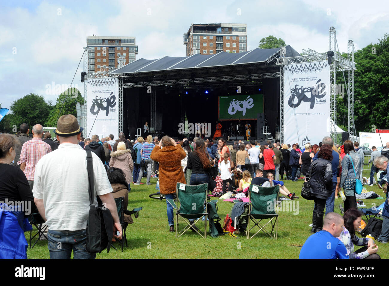 Liverpool, UK. 20th June, 2015. Main stage at the festival. Africa Oye Festival 2015. Saturday 20th & Sunday 21st June 2015. Review Field, Sefton Park, Liverpool, England, UK.. Africa Oyé, the UK's largest free celebration of African music and culture takes place annually in Liverpool. Credit:  David Colbran/Alamy Live News Stock Photo
