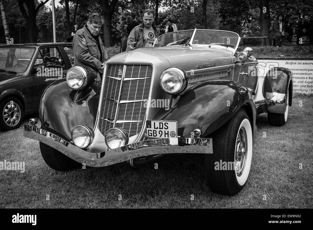 PAAREN IM GLIEN, GERMANY - MAY 23, 2015: Vintage car Auburn 852 Speedster. Black and white. The oldtimer show in MAFZ. Stock Photo