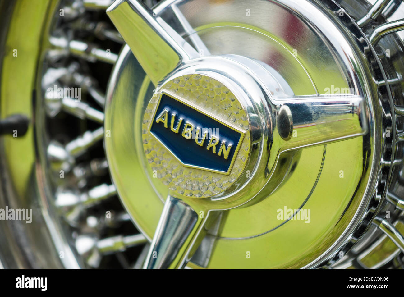 PAAREN IM GLIEN, GERMANY - MAY 23, 2015: Fragment of a wheel disk of a vintage car Auburn. The oldtimer show in MAFZ. Stock Photo
