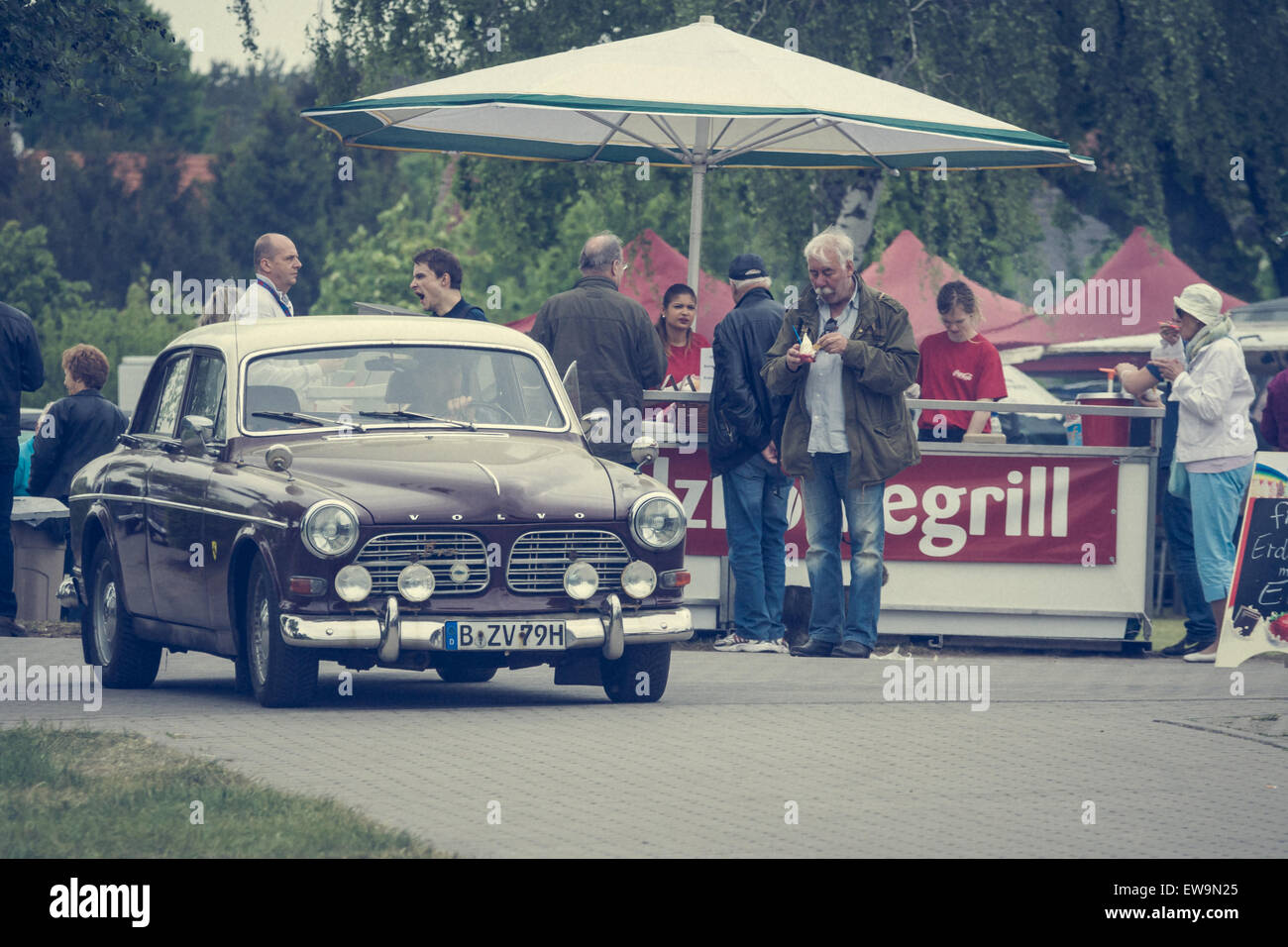 PAAREN IM GLIEN, GERMANY - MAY 23, 2015: Executive car Volvo Amazon. Stylization. Vintage toning. The oldtimer show in MAFZ. Stock Photo