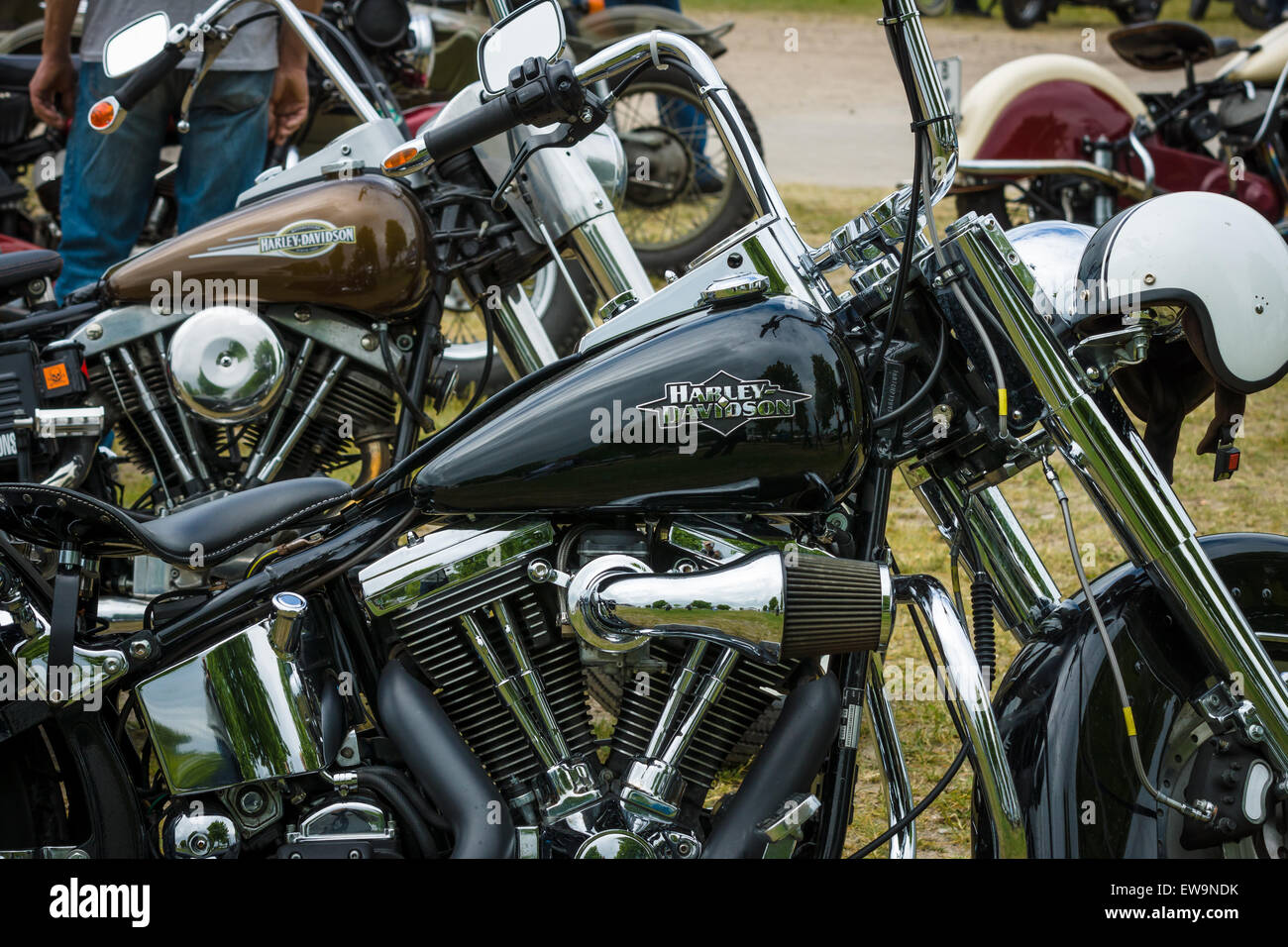PAAREN IM GLIEN, GERMANY - MAY 23, 2015: Fragment of a motorcycle Harley-Davidson close-up. The oldtimer show in MAFZ. Stock Photo