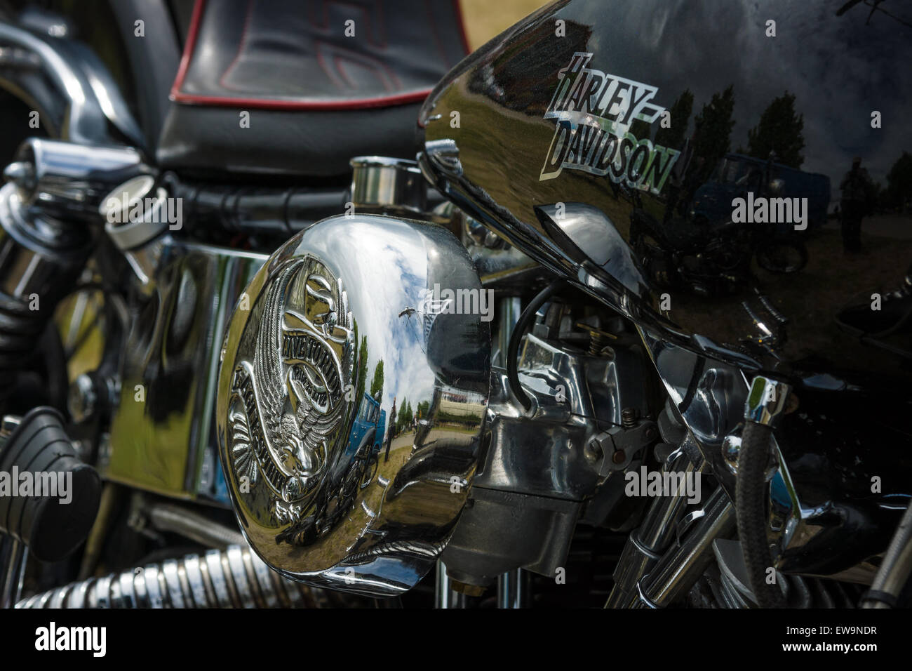 PAAREN IM GLIEN, GERMANY - MAY 23, 2015: Fragment of a motorcycle Harley-Davidson close-up. The oldtimer show in MAFZ. Stock Photo