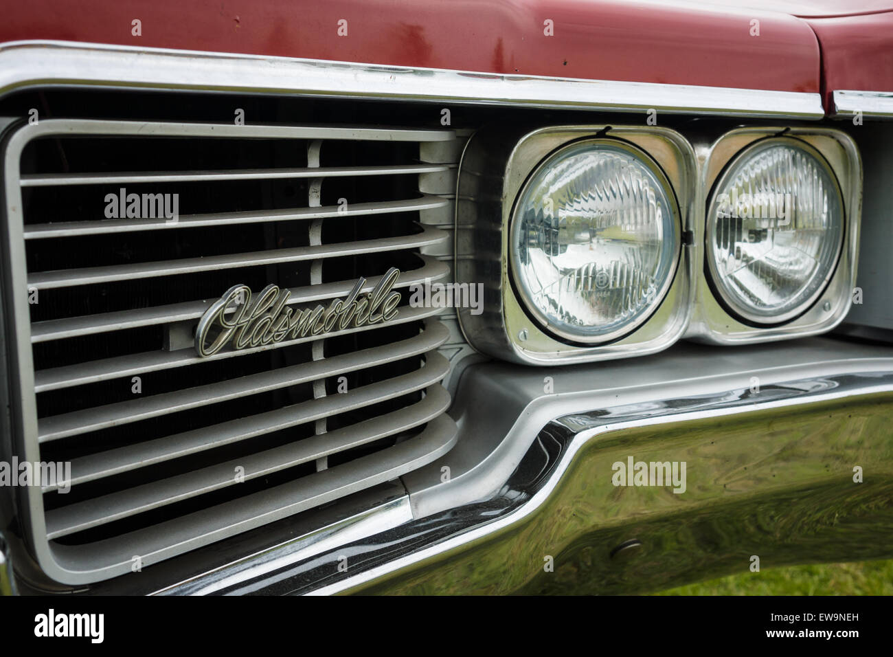 PAAREN IM GLIEN, GERMANY - MAY 23, 2015: Fragment of a full-size car Oldsmobile 88 Delmont, 1968. The oldtimer show in MAFZ. Stock Photo
