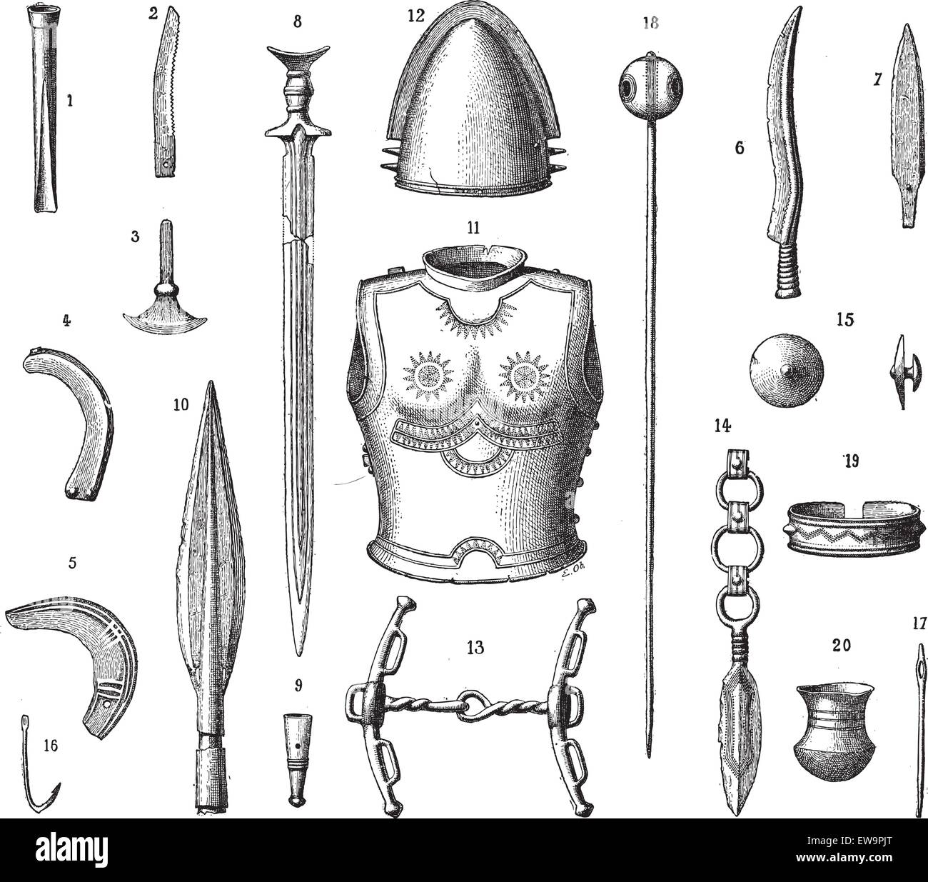 French Armor and Weapons During the Younger Bronze Age, vintage engraved illustration. Dictionary of Words and Things - Larive a Stock Vector