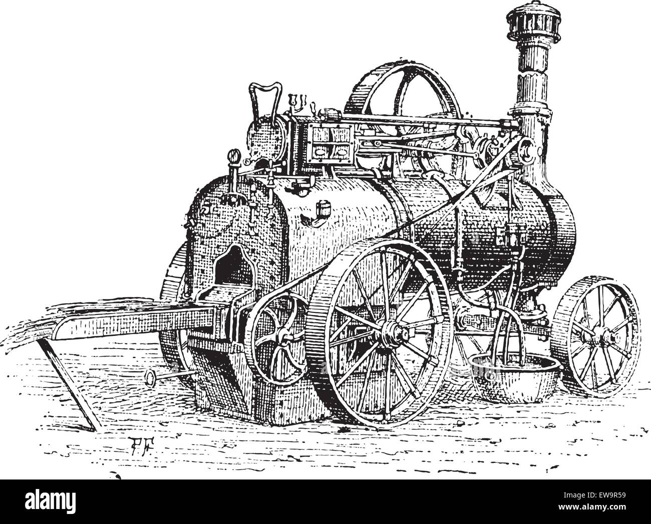 Agricultural Traction Engine, shown being used to burn straw, vintage engraved illustration. Dictionary of Words and Things - La Stock Vector