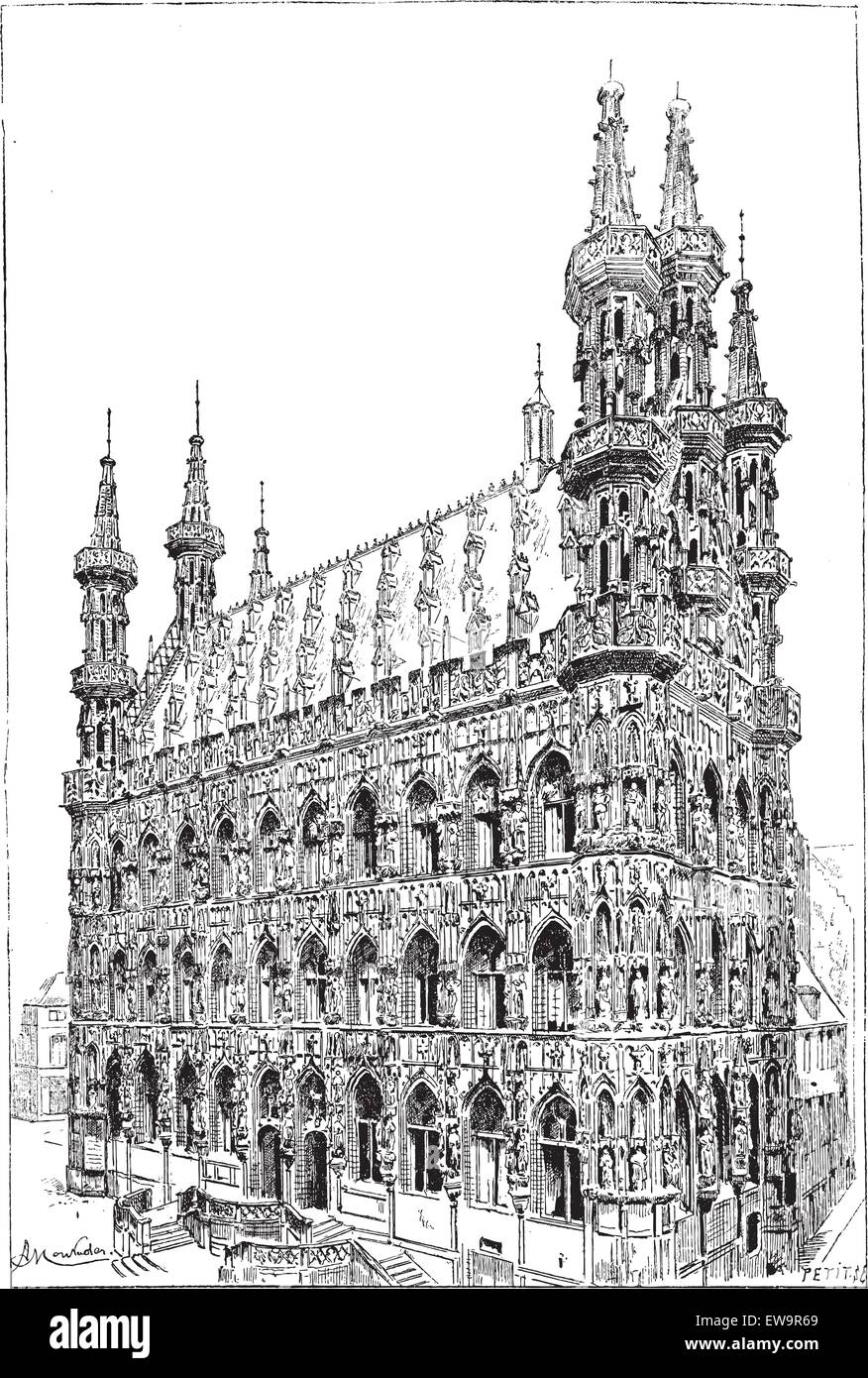 Leuven town hall, vintage engraved illustration. Dictionary of words and things - Larive and Fleury - 1895. Stock Vector