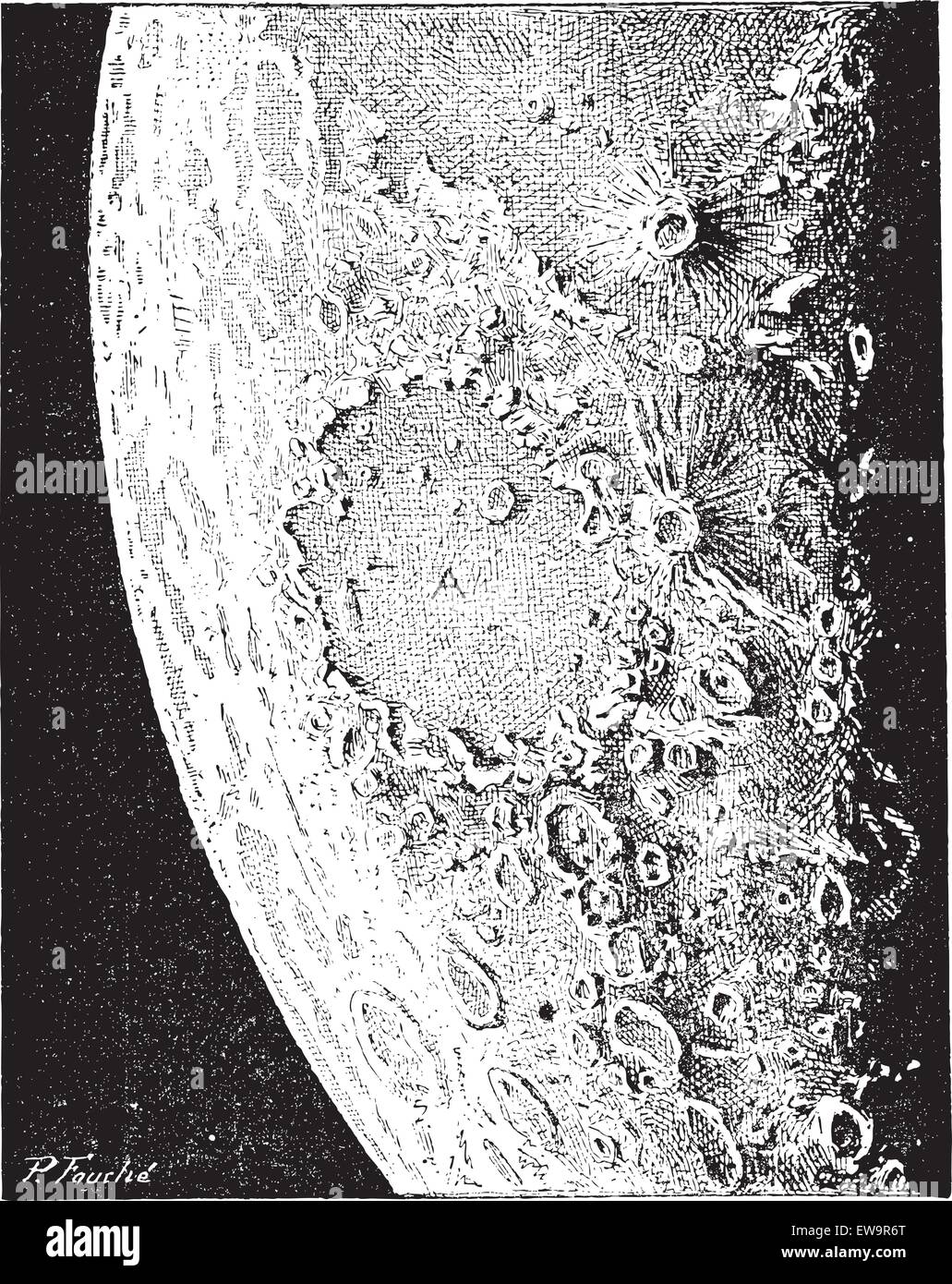 Surface of the Moon, showing numerous volcanic craters and impact craters, vintage engraved illustration. Dictionary of Words an Stock Vector