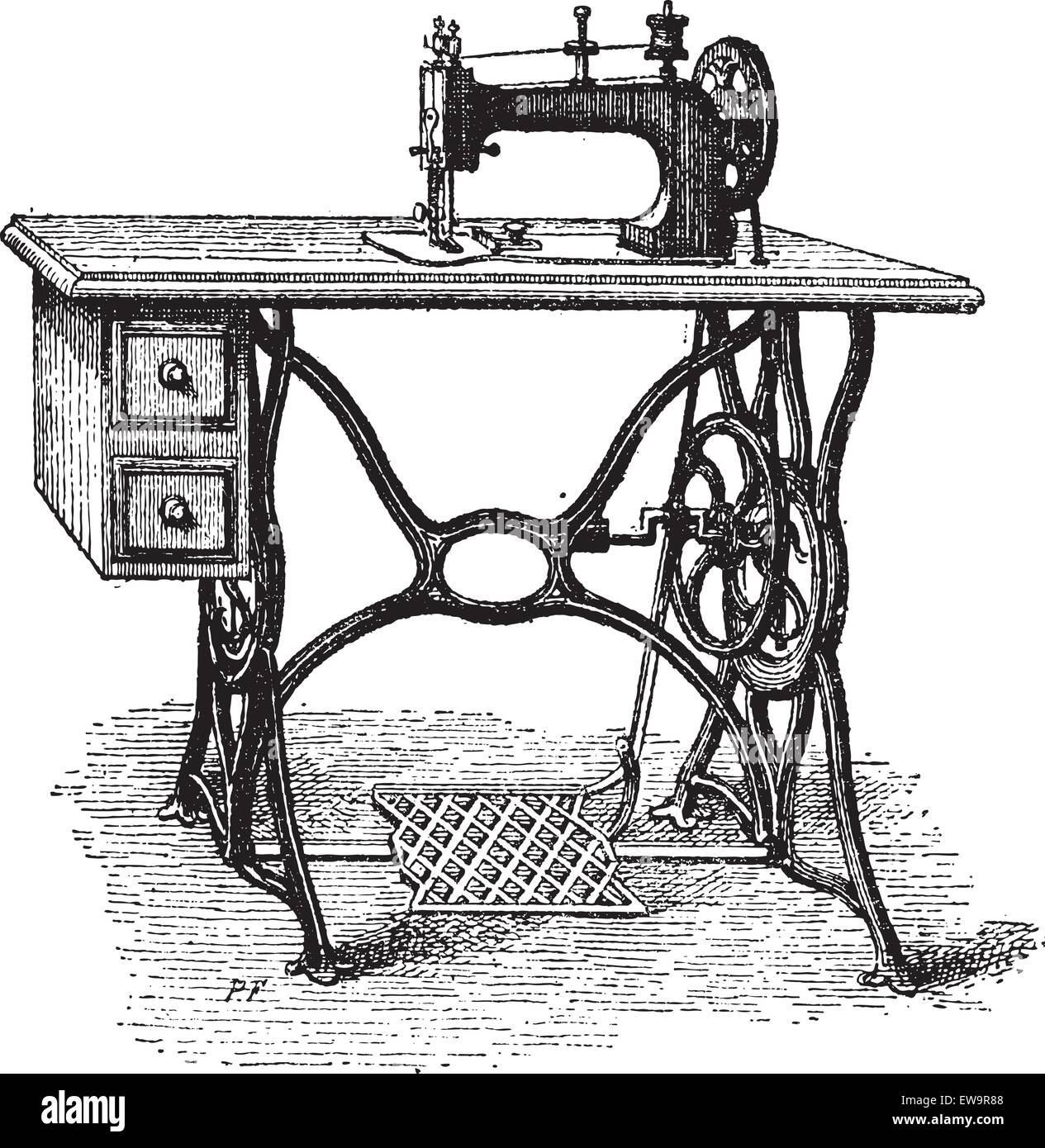 Foot-powered Sewing Machine, vintage engraved illustration. Dictionary of Words and Things - Larive and Fleury - 1895 Stock Vector
