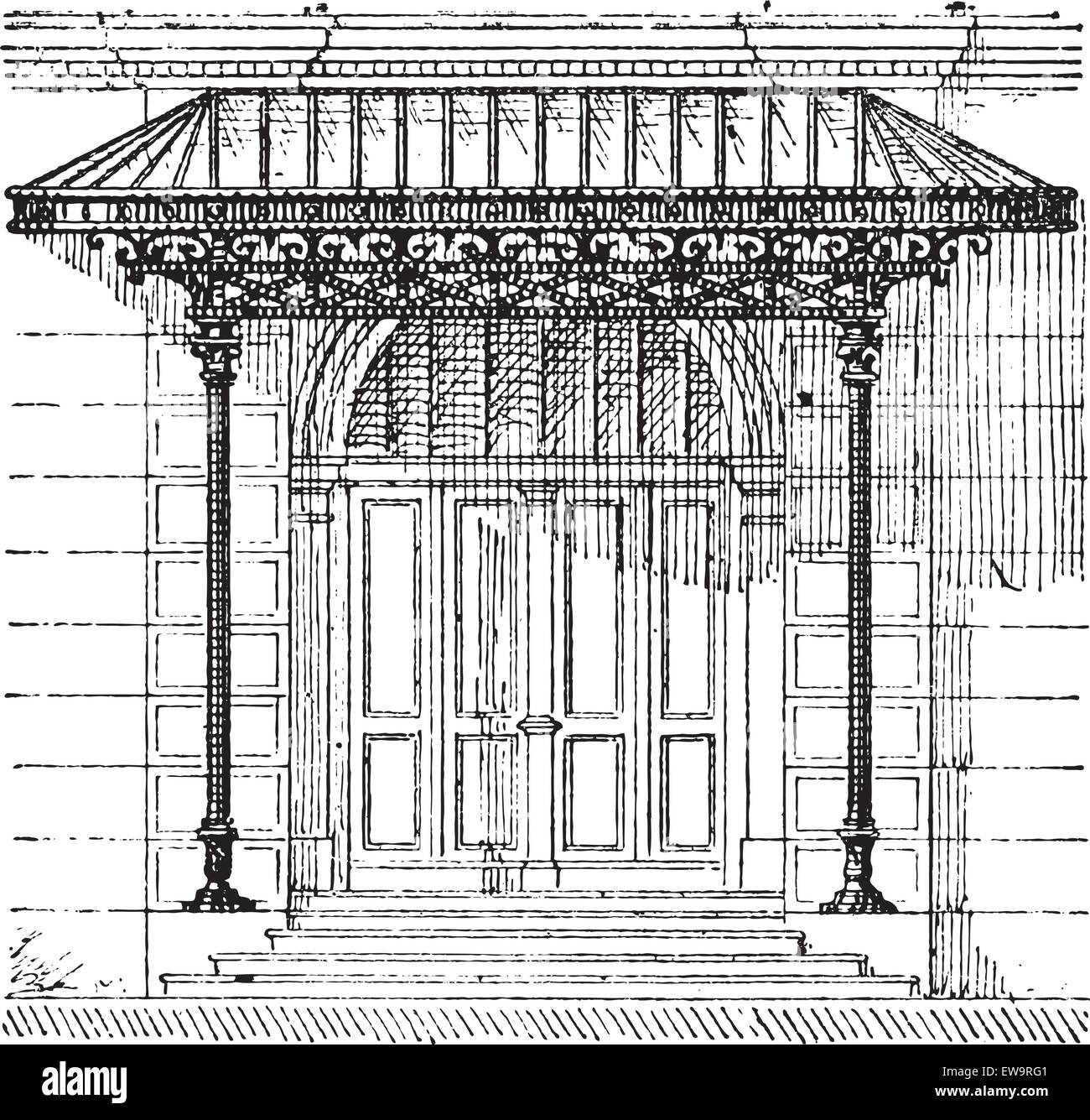 Canopy, showing a glass canopy protecting a door, vintage engraved