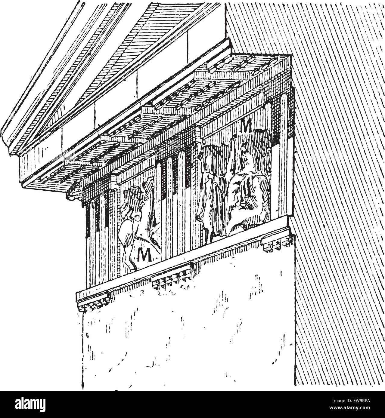 Metope, in Architecture, at the Parthenon, in Athens, Greece, vintage engraved illustration. Dictionary of Words and Things - Larive and Fleury - 1895 Stock Vector