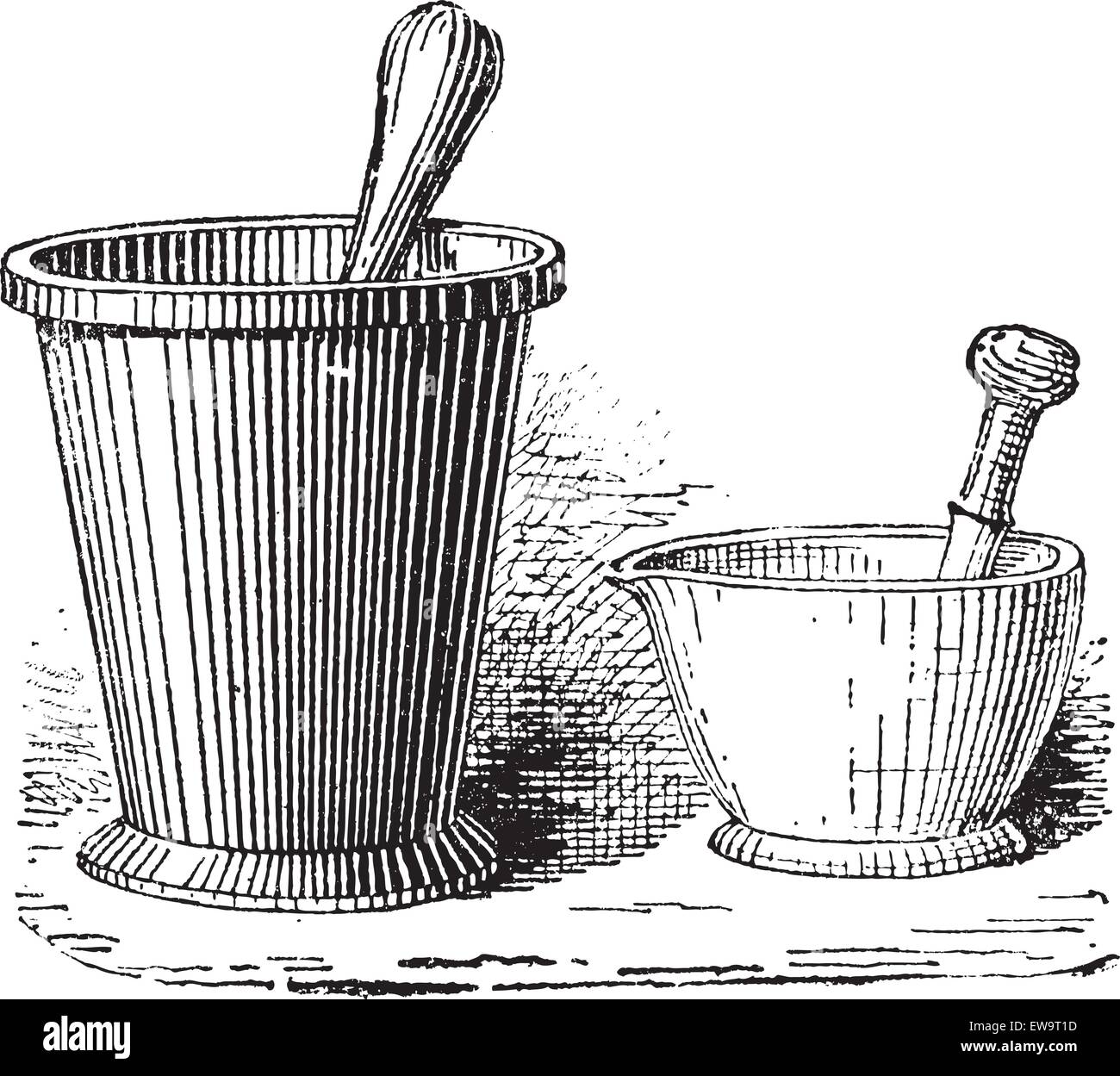 Mortar and Pestle, shown in two sizes, vintage engraved illustration. Dictionary of Words and Things - Larive and Fleury - 1895 Stock Vector