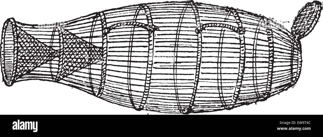 Fish Trap, Basket-type, vintage engraved illustration. Dictionary