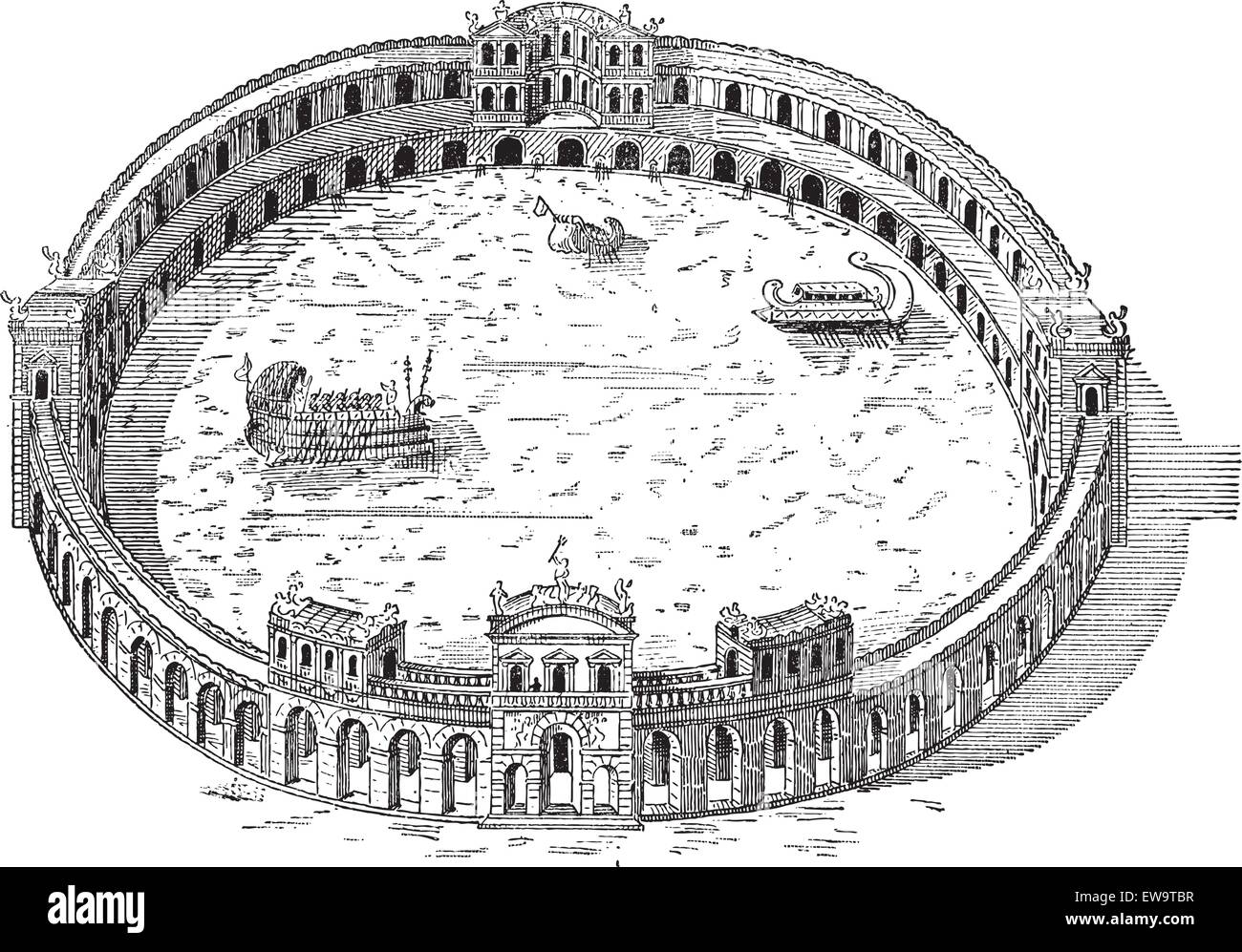 Naumachia, built by the Domitian Orders near the Tiber River, vintage engraved illustration. Dictionary of Words and Things - Larive and Fleury - 1895 Stock Vector